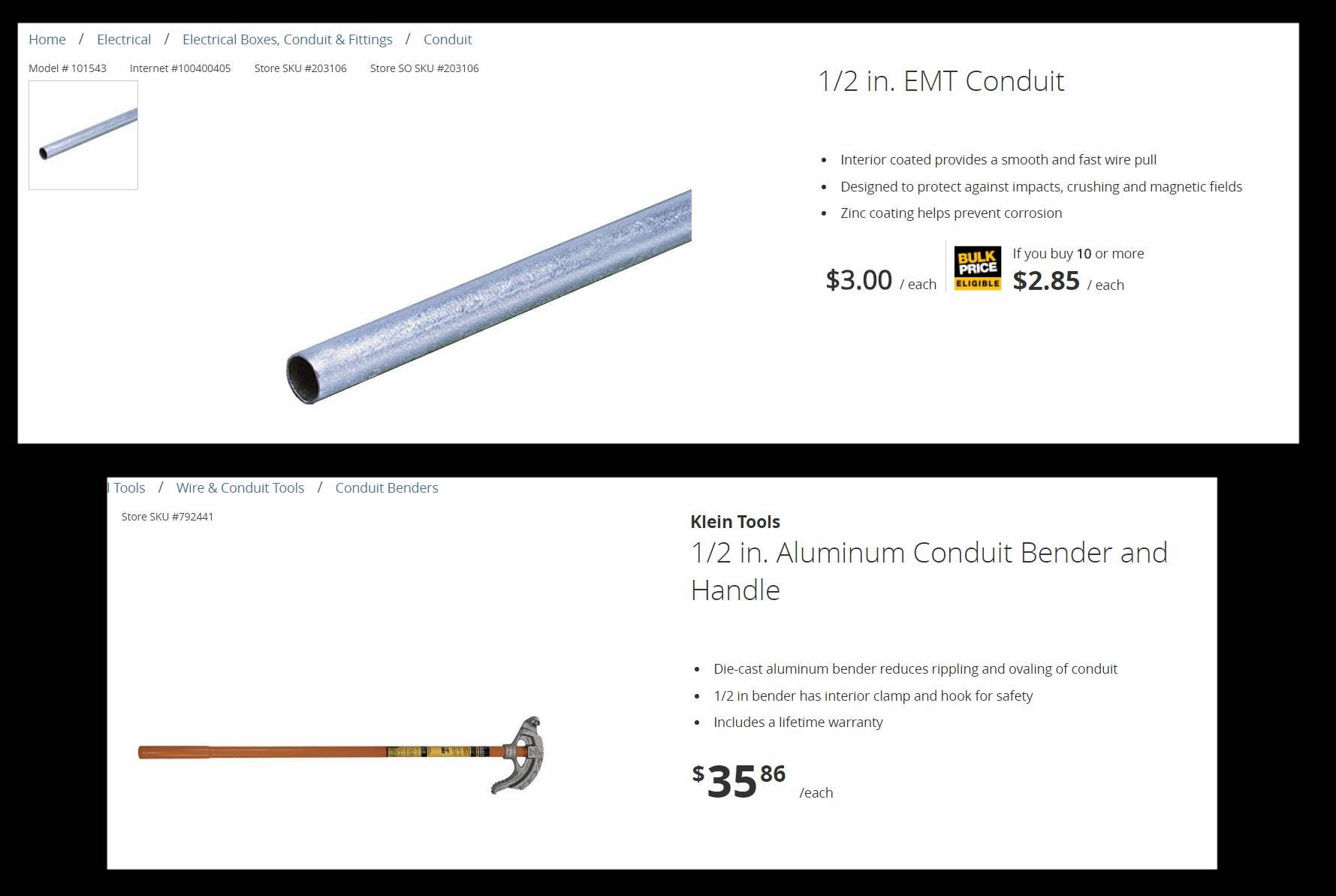 Home Depot Half Inch Conduit and Bender
