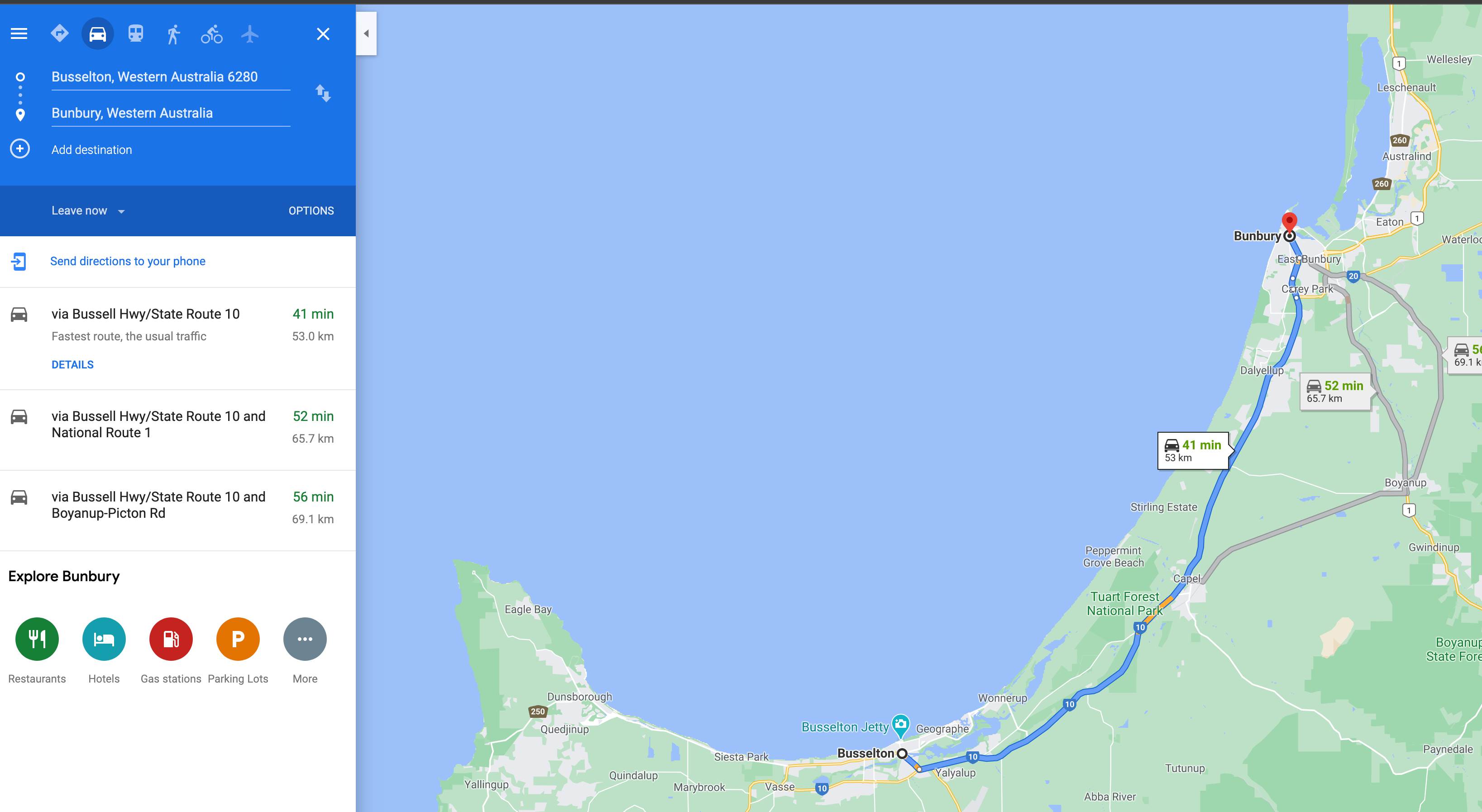 BusseltonWesternAustralia6280toBunburyWA-GoogleMaps