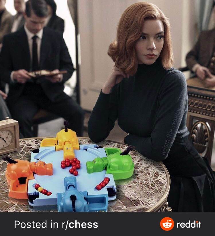 Beth Harmon gambits the orange hippo