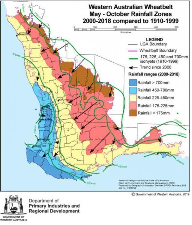 Western Australia rainfall zones May-October 1910-1999 cf 2000-2018
