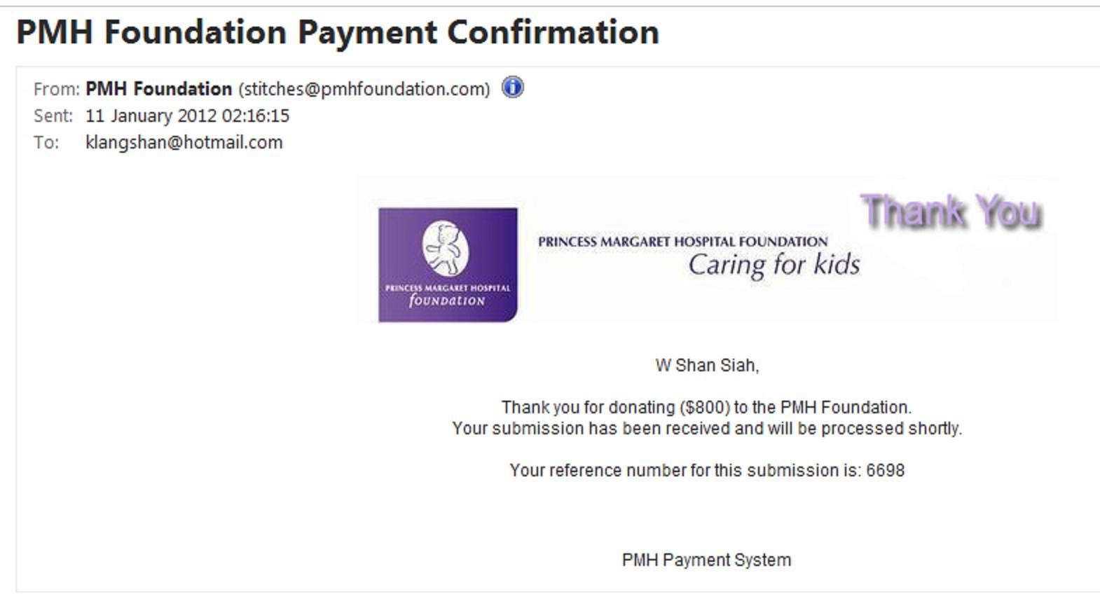 PMH Foundation Receipt
