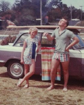 first board, first car (9' solid balsa, Triumph Herald 900cc)