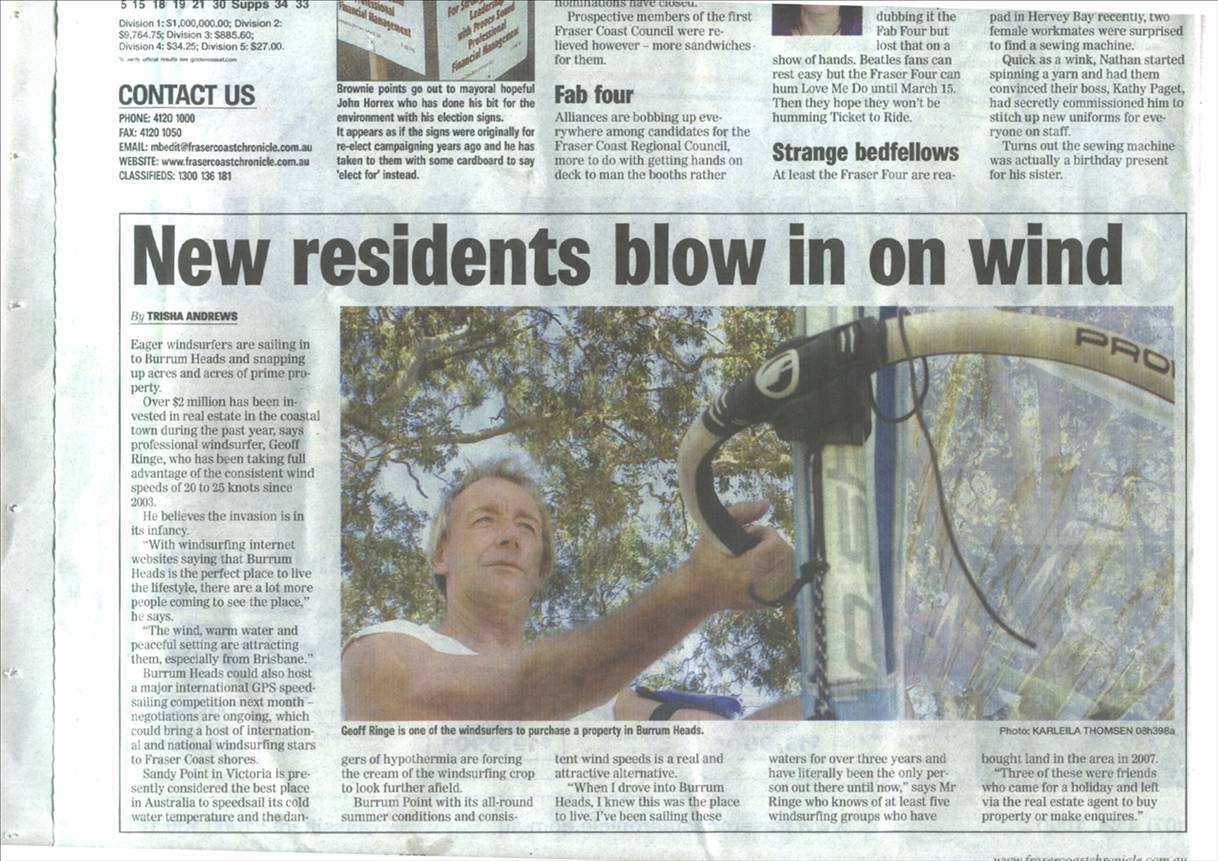 Front page article from the Fraser Coast Chronical 3/3/08