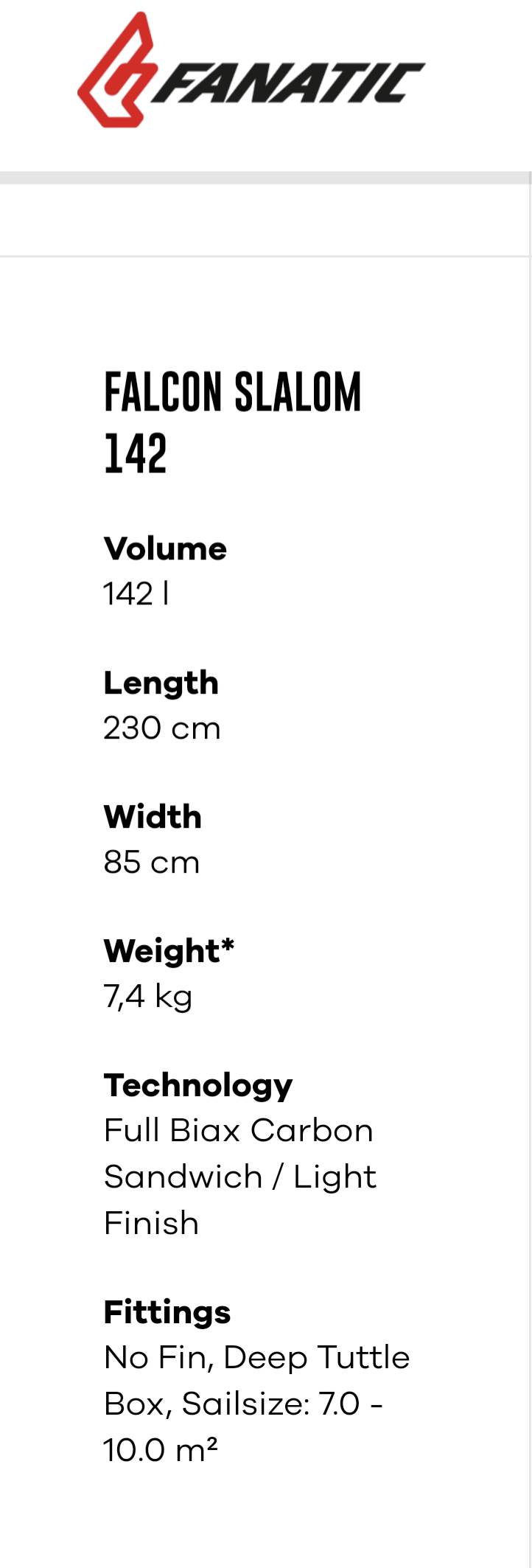 Fanatic Falcon 2013 specs