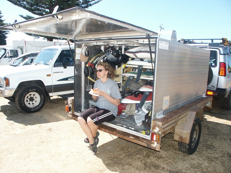 Tiff eating at the back of the trailer