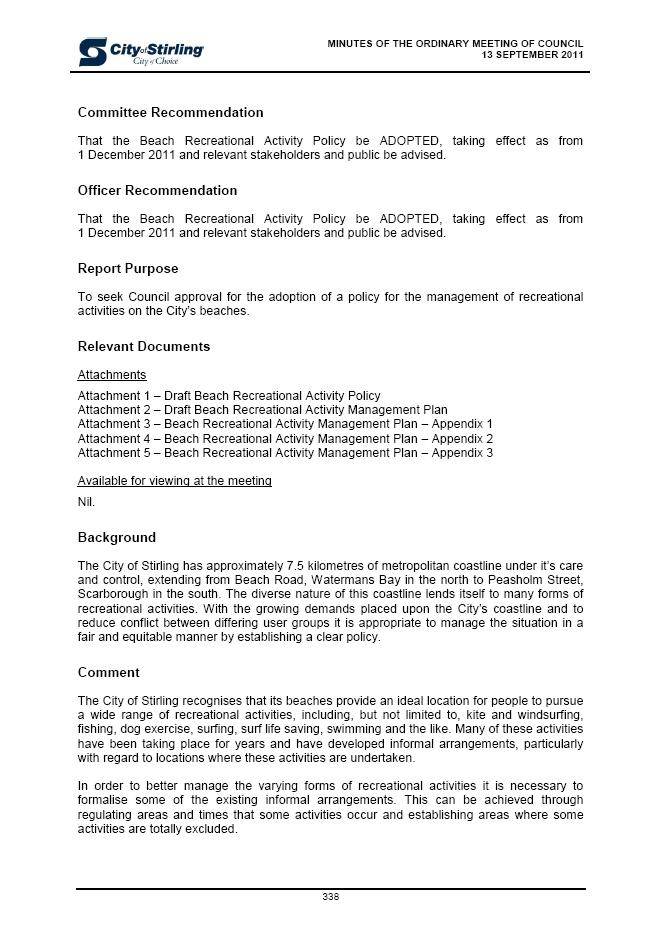 Stirling Beach Rec Policy 13/9/11