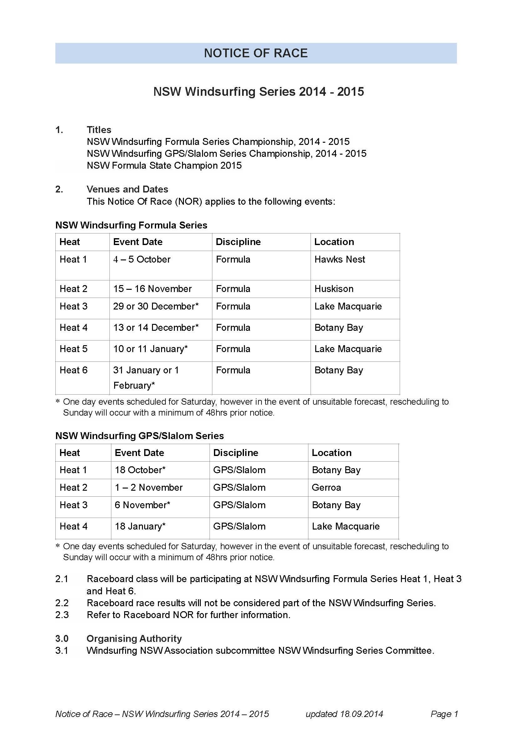 NSW Windsurfing Series 2014 - 2015